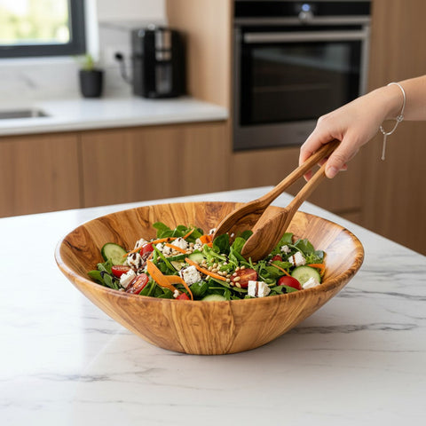 Handmade Olive Wood Large Salad Bowl | Deep Hand-Turned Wooden Fruit & Serving Bowl | Stunning Natural Grain | 35–45 cm