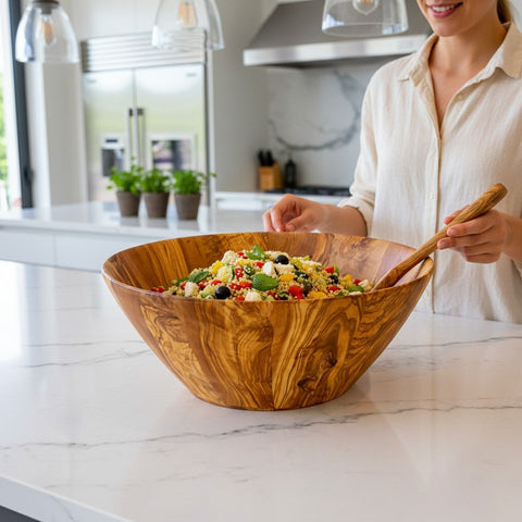 Handmade Olive Wood Large Salad Bowl | Deep Hand-Turned Wooden Fruit & Serving Bowl | Stunning Natural Grain | 35–45 cm