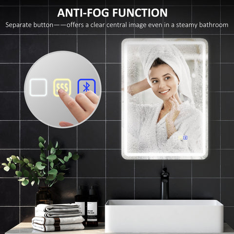 HOMCOM 50 x 70 cm Bluetooth LED Bathroom Mirror with Anti-Fog - Silver Tone