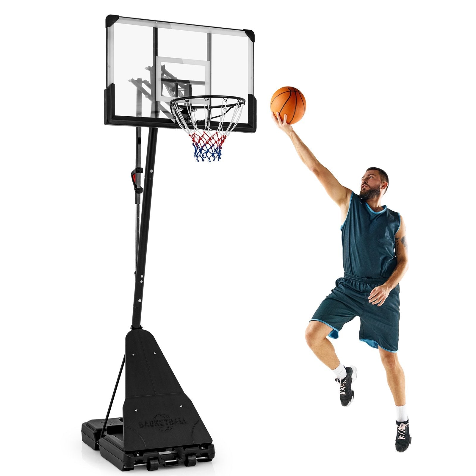Basketball Hoop System with 44 Inch Shatterproof Backboard and Basketball Rebounder