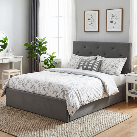 HOMCOM Double Bed Frame Gas Side Lift Under Bed Storage Upholstered Platform Bed Tufted Headboard for 140 x 190 cm Mattress