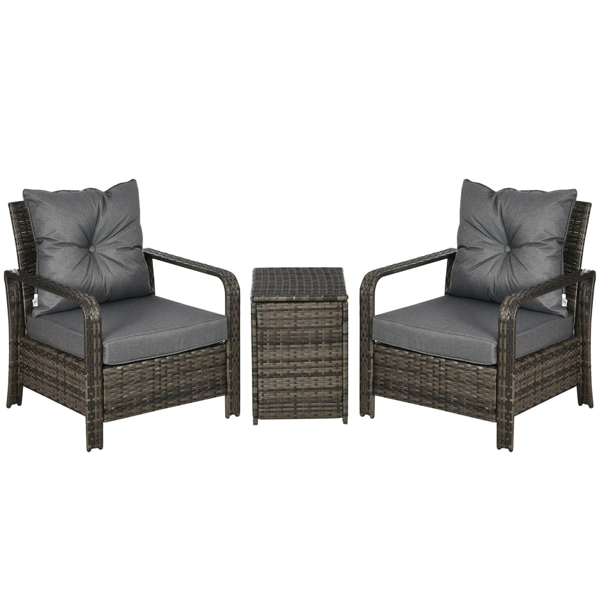 Outsunny 3 Pieces Rattan Bistro Set, Wicker Garden Furniture Set with Storage  Coffee Table and Chairs, Thickened Cushions for Outdoor, Patio, Balcony, Grey