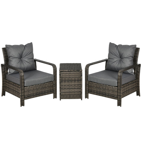 Outsunny 3 Pieces Rattan Bistro Set, Wicker Garden Furniture Set with Storage  Coffee Table and Chairs, Thickened Cushions for Outdoor, Patio, Balcony, Grey