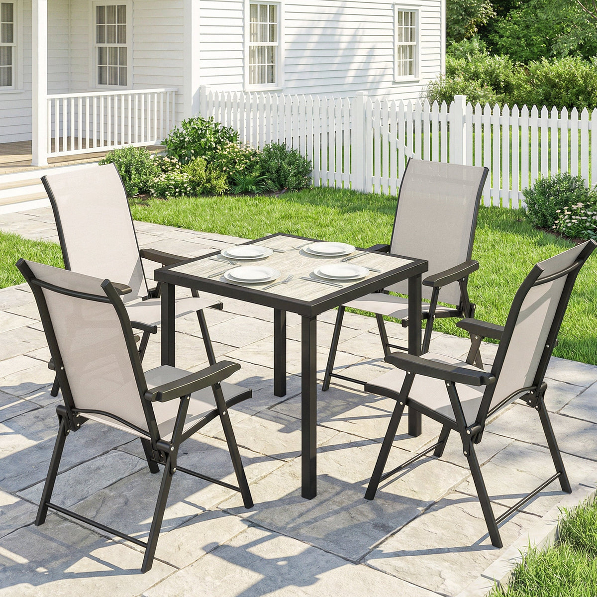 Outsunny 5 Pieces Outdoor Dining Set, Garden Dining Set for 4 with Square Table and Folding Chairs, Brown