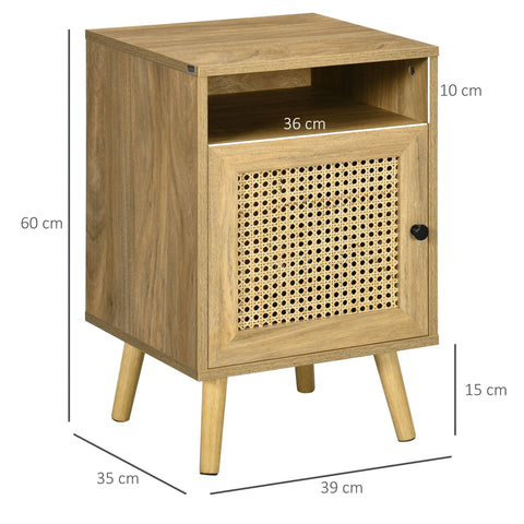 HOMCOM Bedside Table with Rattan Element, Side End Table with Shelf and Cupboard, 39cmx35cmx60cm, Set of 2, Natural
