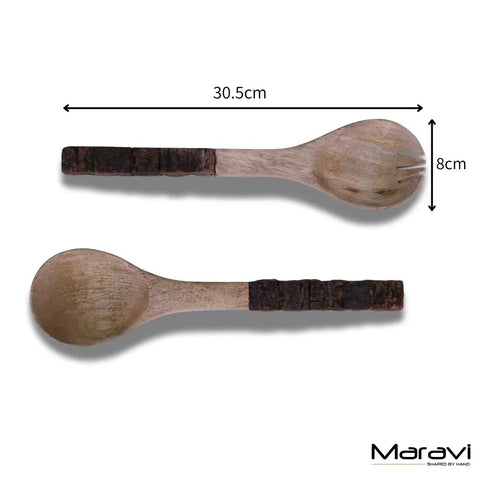 Bhimra Wooden Salad Servers Bark Handle