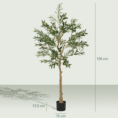 HOMCOM Set of 2 5ft/ 150cm Decorative Artificial Plant, Silk Olive Tree with 720 Leaves and 32 Olive Fruits in Pot, Fake Plant for Home, Office, Living Room, Indoor Decor