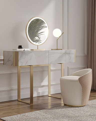 Blakely Dressing Table, Gold Leg& Marble Effect