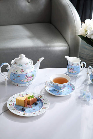 Tea Coffee Family Set for Mothers Day Coronation Party- 3 Tier Cake Stand, Teapot, Milk Jug, Sugar Bowl, 4 Plates, 4 Cups/ 4 Saucers (Blue)
