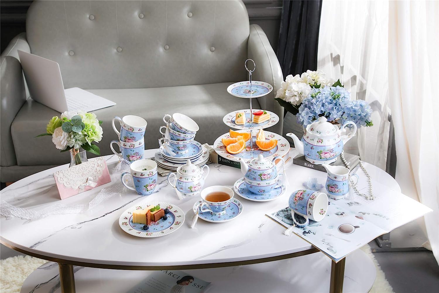 Tea Coffee Family Set for Mothers Day Coronation Party- 3 Tier Cake Stand, Teapot, Milk Jug, Sugar Bowl, 4 Plates, 4 Cups/ 4 Saucers (Blue)