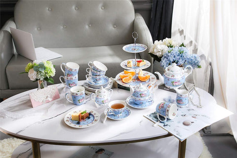Tea Coffee Family Set for Mothers Day Coronation Party- 3 Tier Cake Stand, Teapot, Milk Jug, Sugar Bowl, 4 Plates, 4 Cups/ 4 Saucers (Blue)