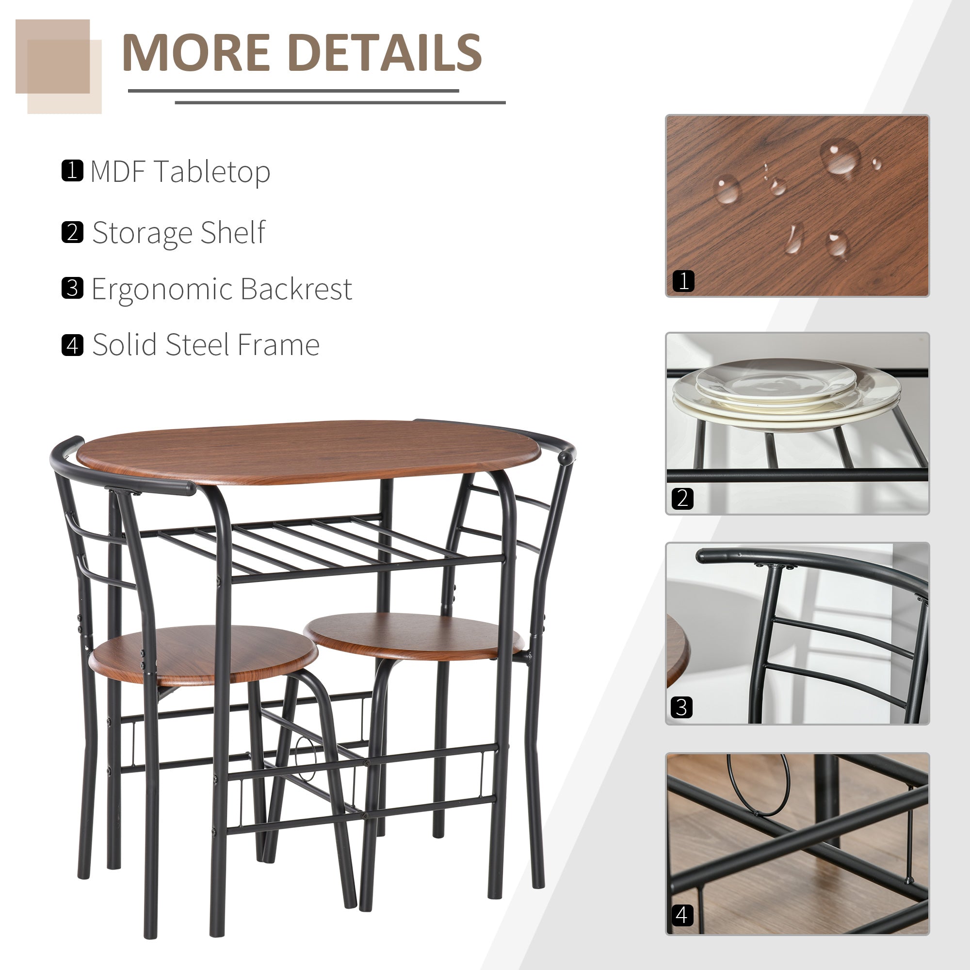 HOMCOM 3-Piece Dining Table Set , Metal Frame Wood Top Breakfast Bar Table Set for 2, Dining Table w/Storage Shelf & 2 chairs