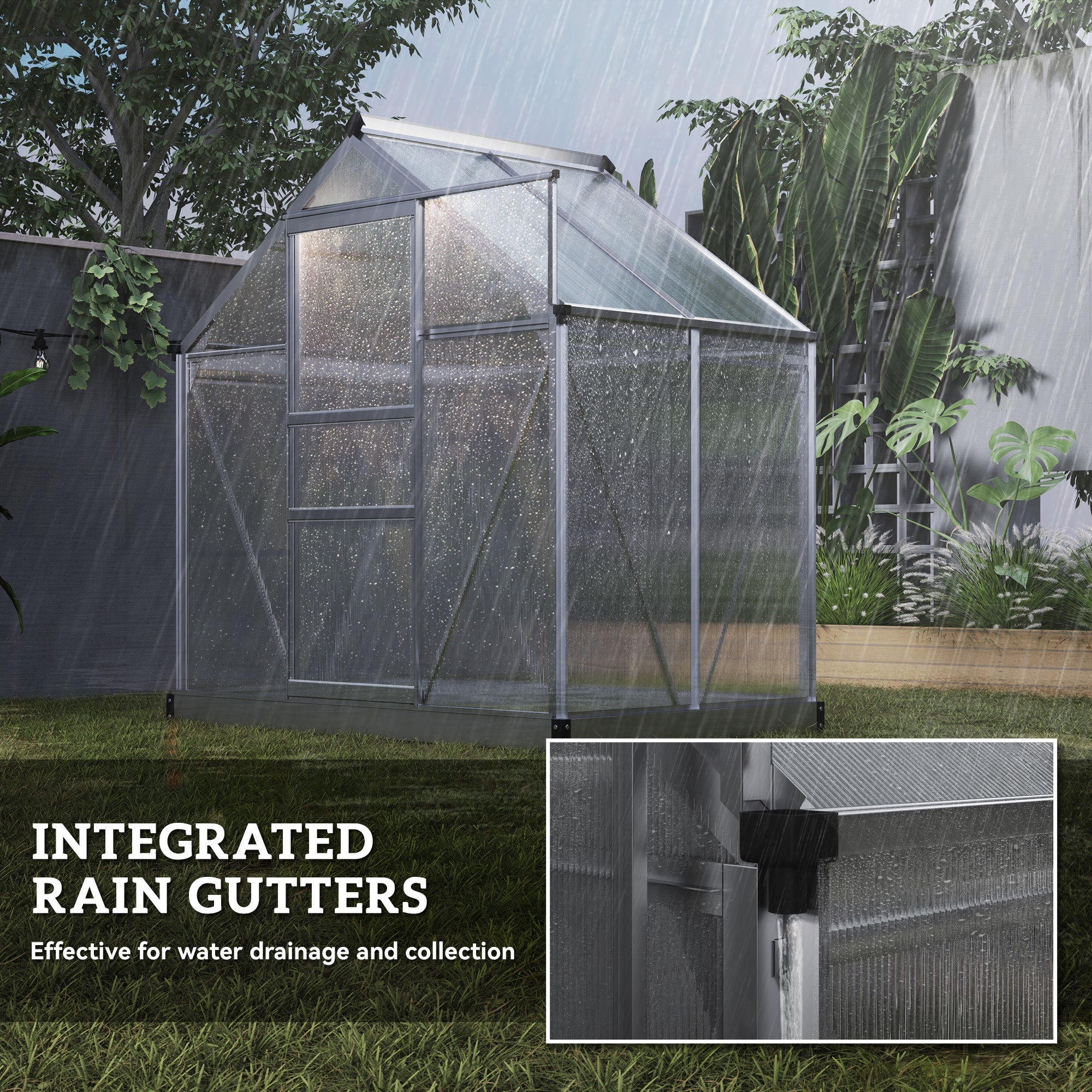 Outsunny Polycarbonate Greenhouse, Large Walk-In Green House with Slide Door and Window, Aluminium Frame, 6x4ft, Silver Tone