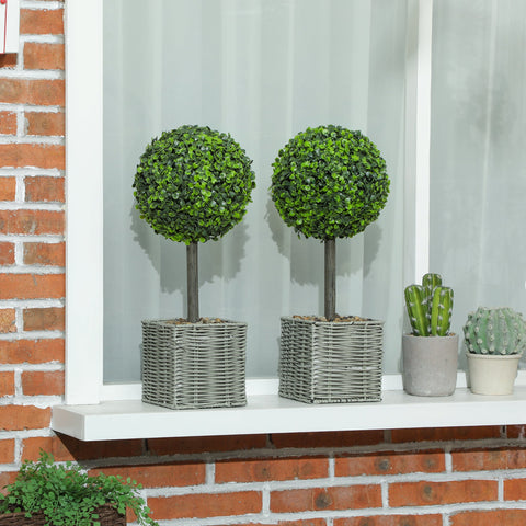 HOMCOM Set of 2 Decorative Artificial Plants, 50cm Faux Boxwood Topiary Balls with Woven Plastic Pot and Pebbles, Fake Plants for Home or Office Decor, Green
