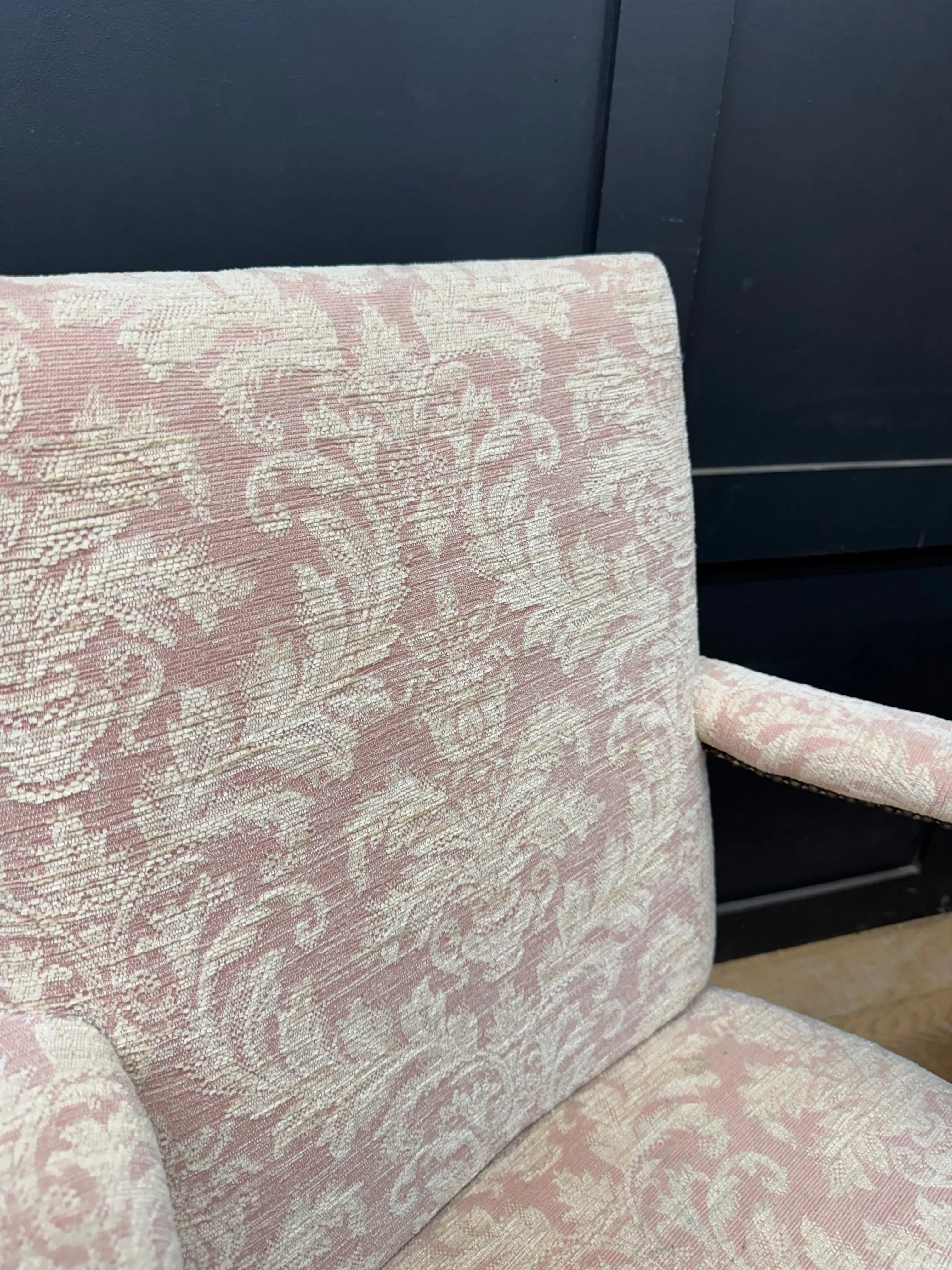 Pair Antique Pink Upholstered Bedroom Armchairs Chairs Mahogany Salon Seats