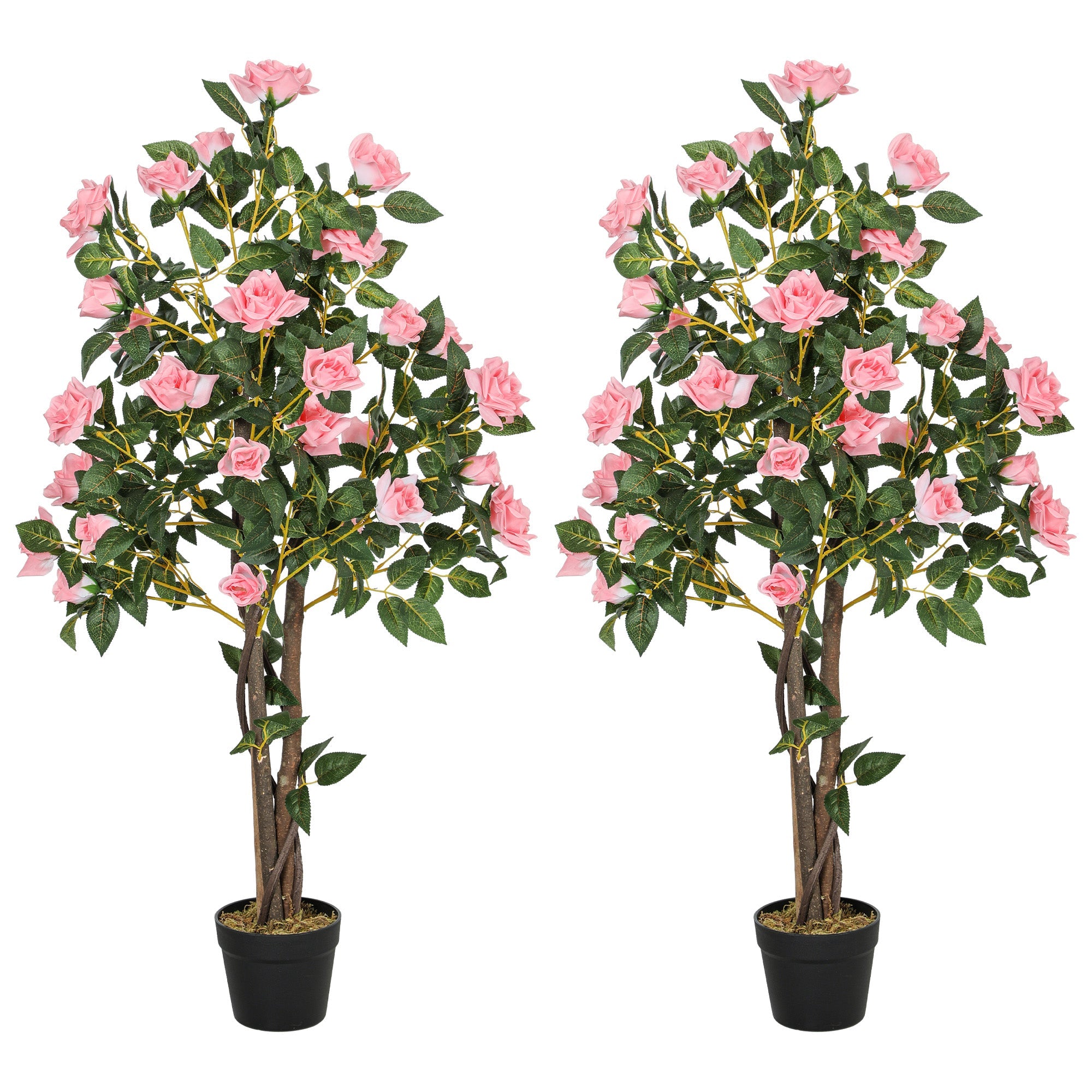 HOMCOM Set of 2 Decorative Artificial Plants Rose Trees in Pot, Pink