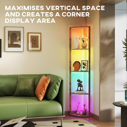 HOMCOM RGB LED Floor Lamp with Shelves, 5-Tier Dimmable Standing Lamp with Adjustable Brightness and Remote Control, Modern Corner Display Shelf Unit for Living Room Bedroom Office, Rustic Brown