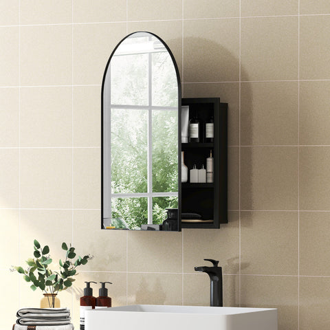 HOMCOM Bathroom Mirror Cabinet with Mirror, Arched Wall Mounted Bathroom Cabinet with Storage Shelves, Black