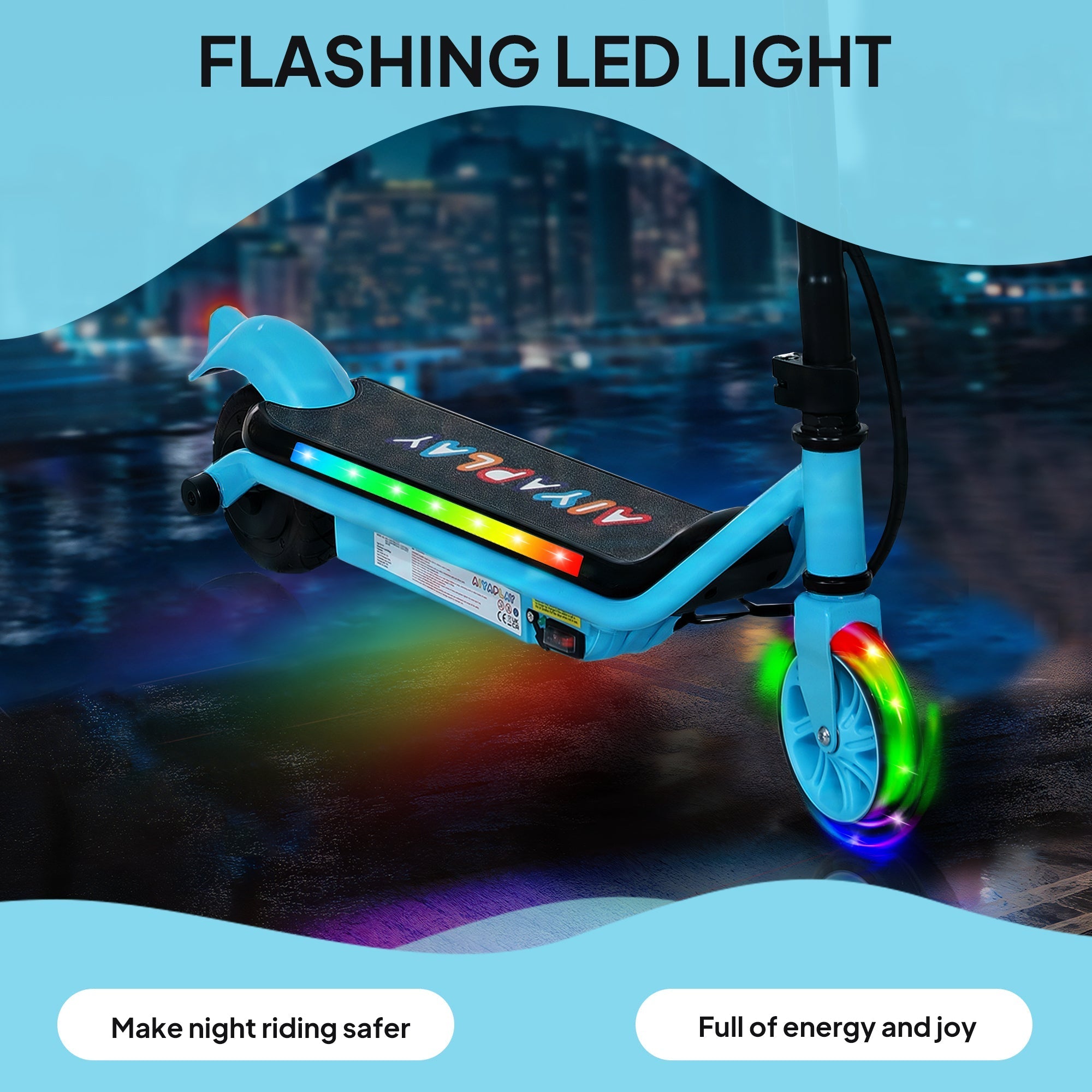 AIYAPLAY Electric Scooter for Kids Ages 6-14, with Dual Brakes, Flash Wheel and Colourful Light, Kids Electric Scooter E Scooter, Up to 12 KM/H & 10 KM, Blue