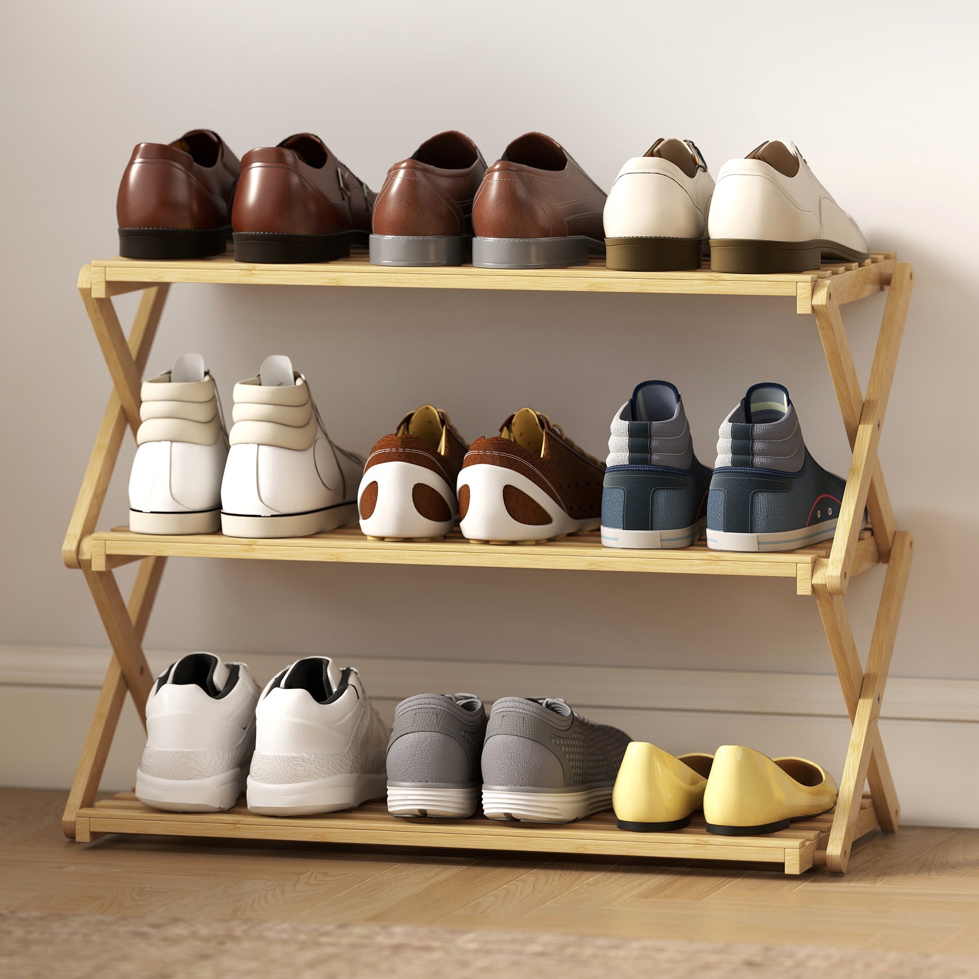 HOMCOM Three-Tier Folding Bamboo Shoe Rack - Natural Finish