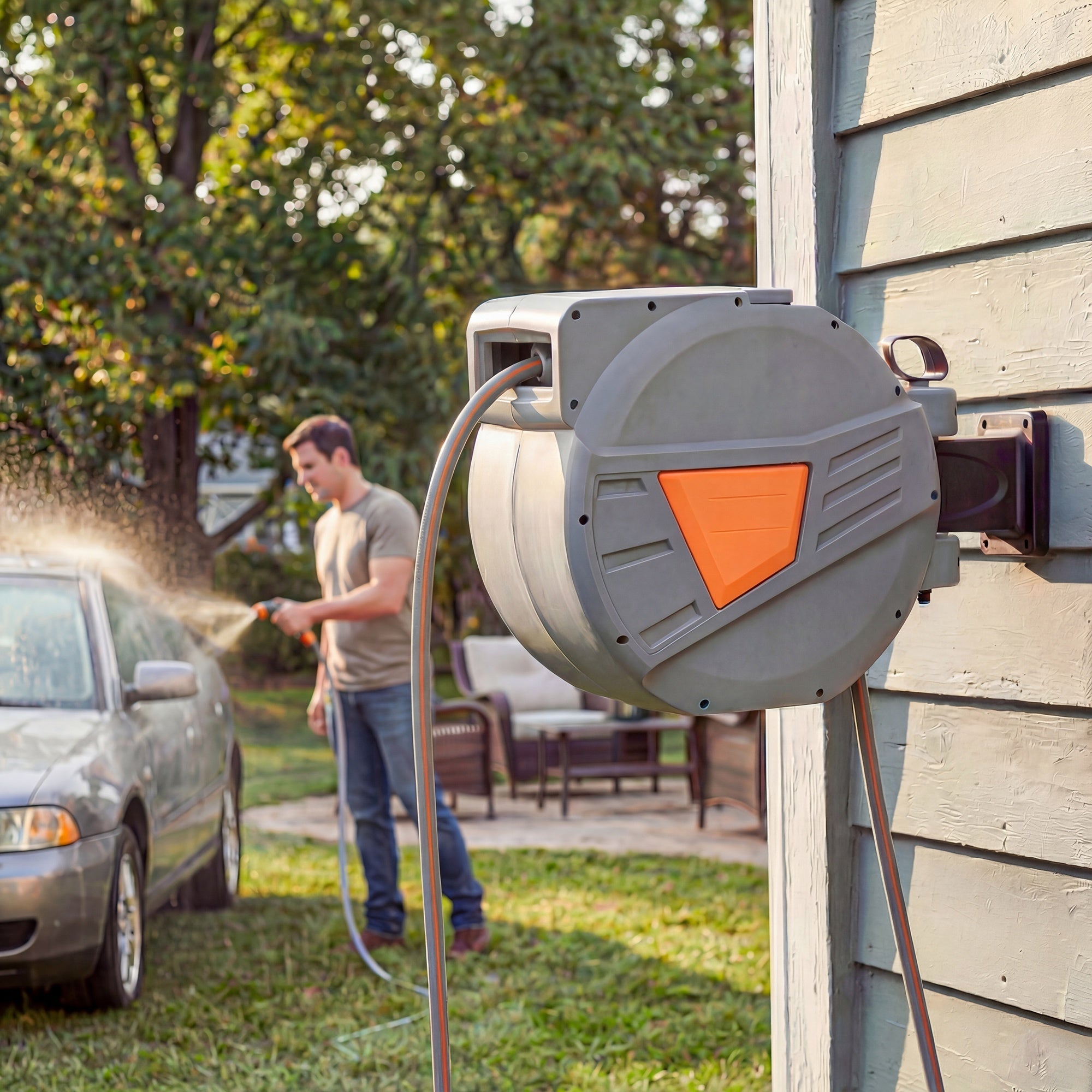 Outsunny Retractable Hose Reel Wall Mounted, 30+2m Garden Hose Pipe Reel with Auto Retraction, Self-Locking, Orange