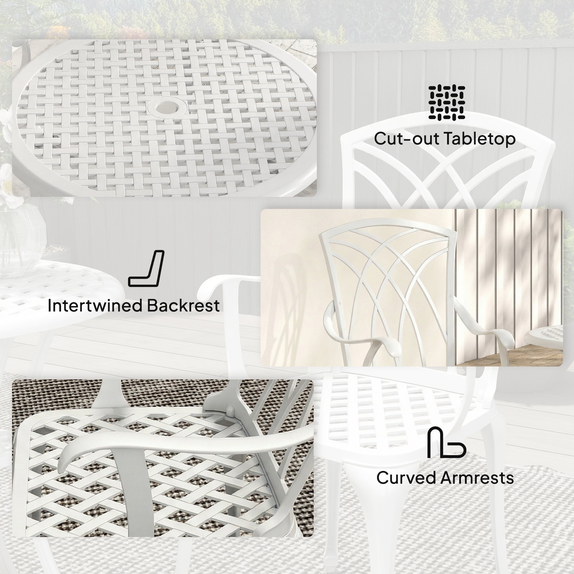 Outsunny 3 Pieces Garden Bistro Set, Cast Aluminium Outdoor Dining Set with 2 Chairs and Round Table with Parasol Hole, White