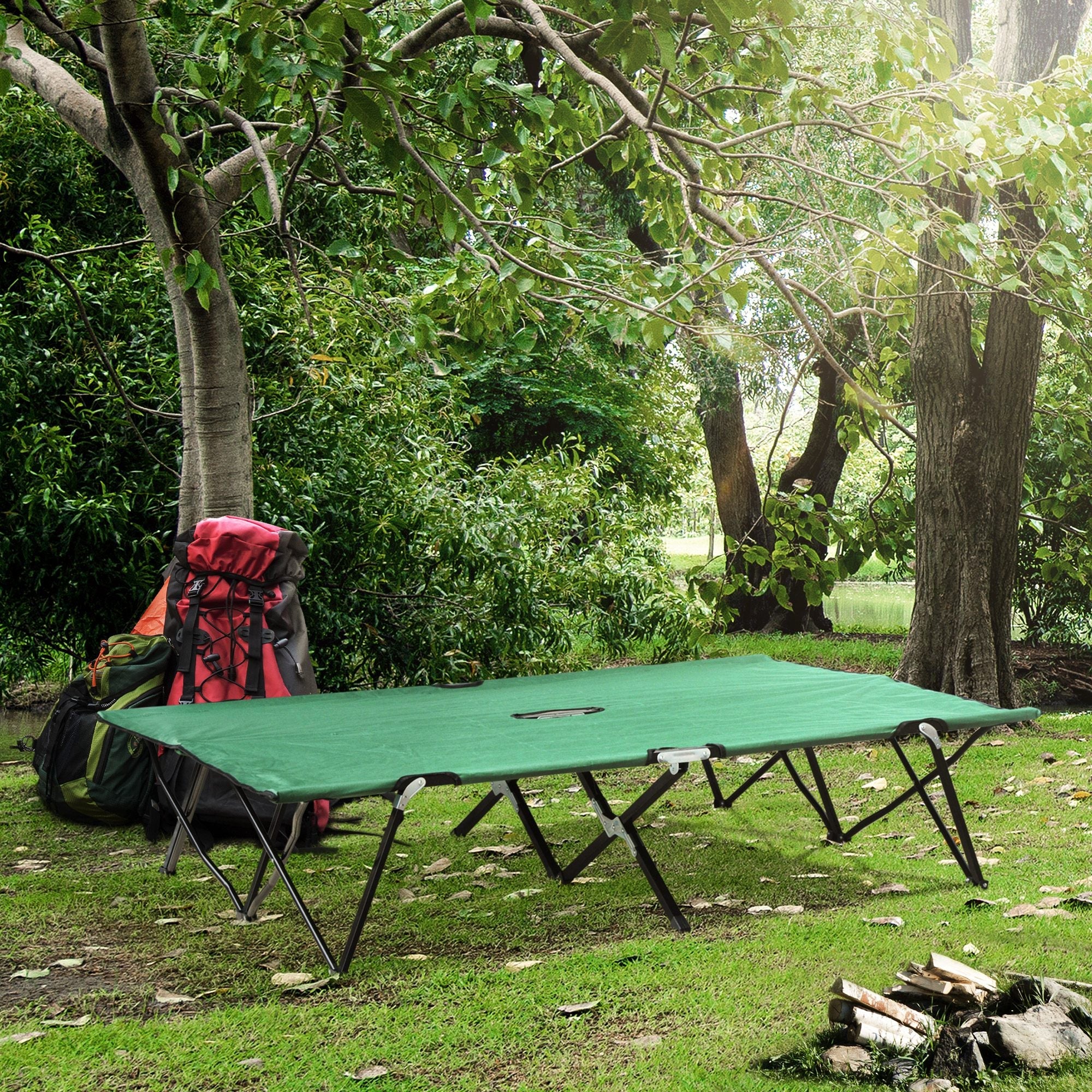 Outsunny Double Camping Cot Bed, with Bag - Green