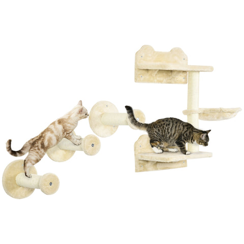 PawHut 4 Piece Cat Shelf with Scratching Post, Wall-Mounted Cat Tree for Indoor Cat - Beige