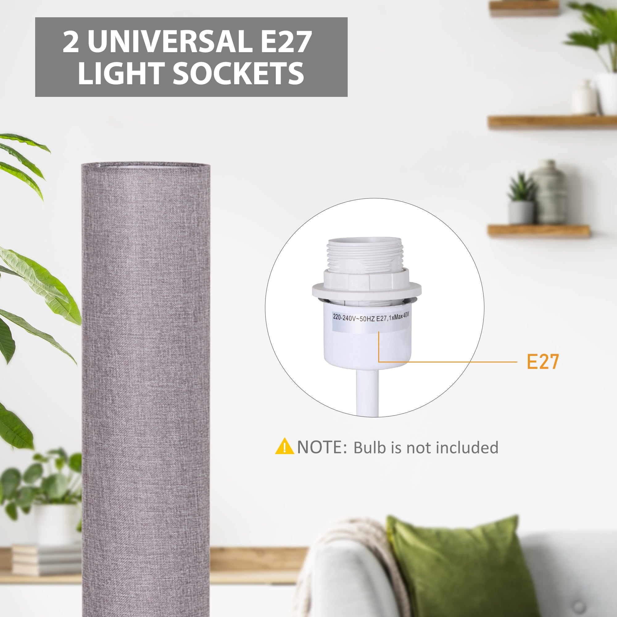HOMCOM 47-Inch Modern Wooden Floor Lamp for Bedroom, Study or Living Space with Fabric Linen Shade (Grey)  120 CM