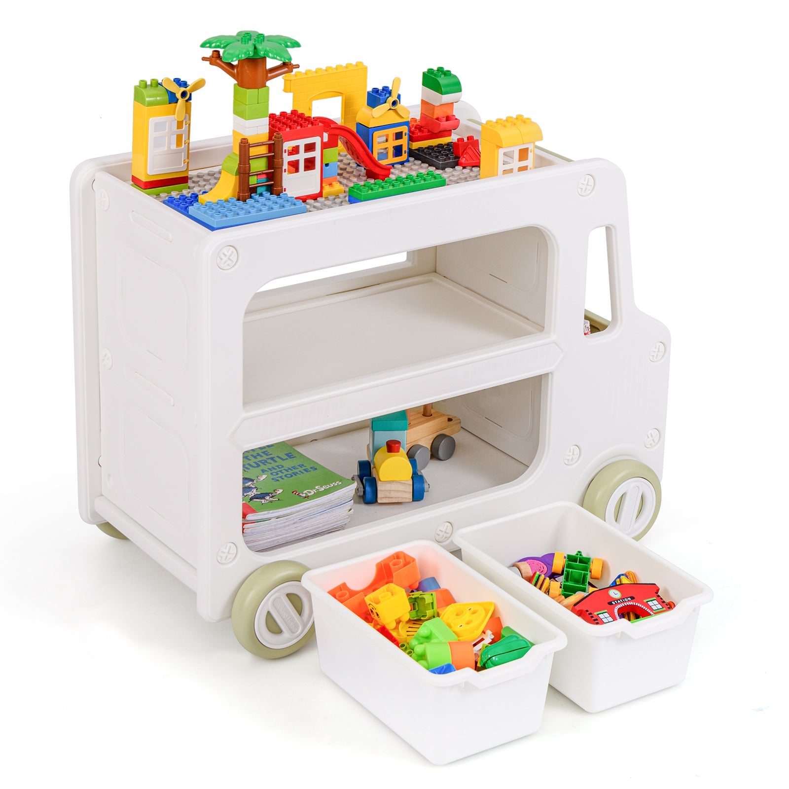2 in 1 Car Shaped Toy Cabinet with Safe HDPE Frame and 2 Storage Baskets-White