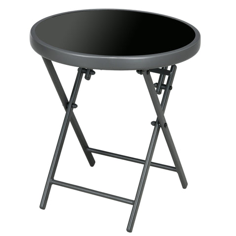 Outsunny \'ce\'a645cm Garden Side Table, Outdoor Round Folding Patio Table with Imitation Marble Glass Top, Small Coffee Table, Black