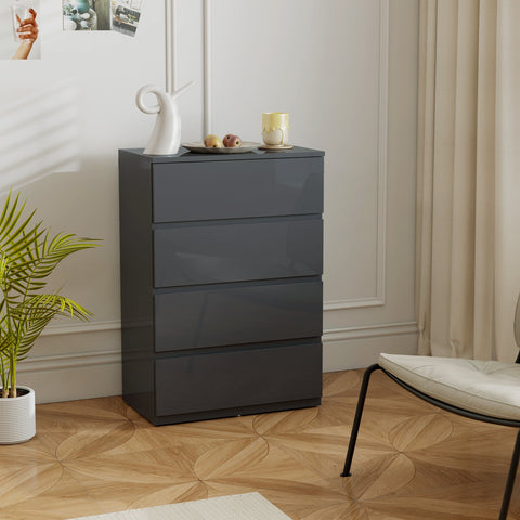 HOMCOM High Gloss Chest of Drawers, 4-Drawer Storage Cabinets, Modern Dresser for Bedroom, Grey