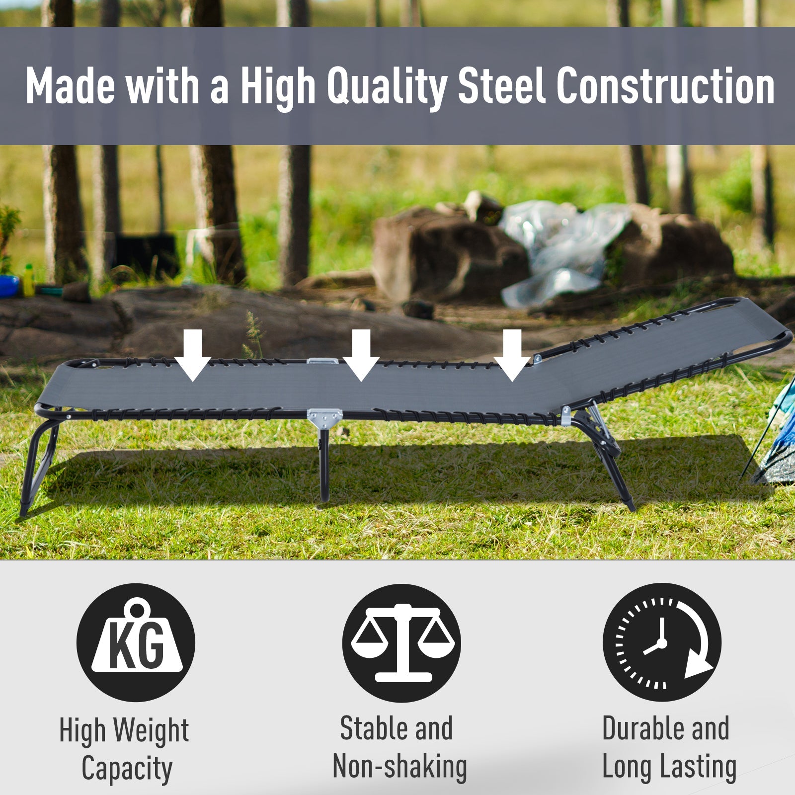 Outsunny Foldable Sun Lounger, Outdoor 4 Level Adjustable Backrest Reclining Chaise Chair, Steel Frame Recliner Chair for Camping, Hiking, Grey