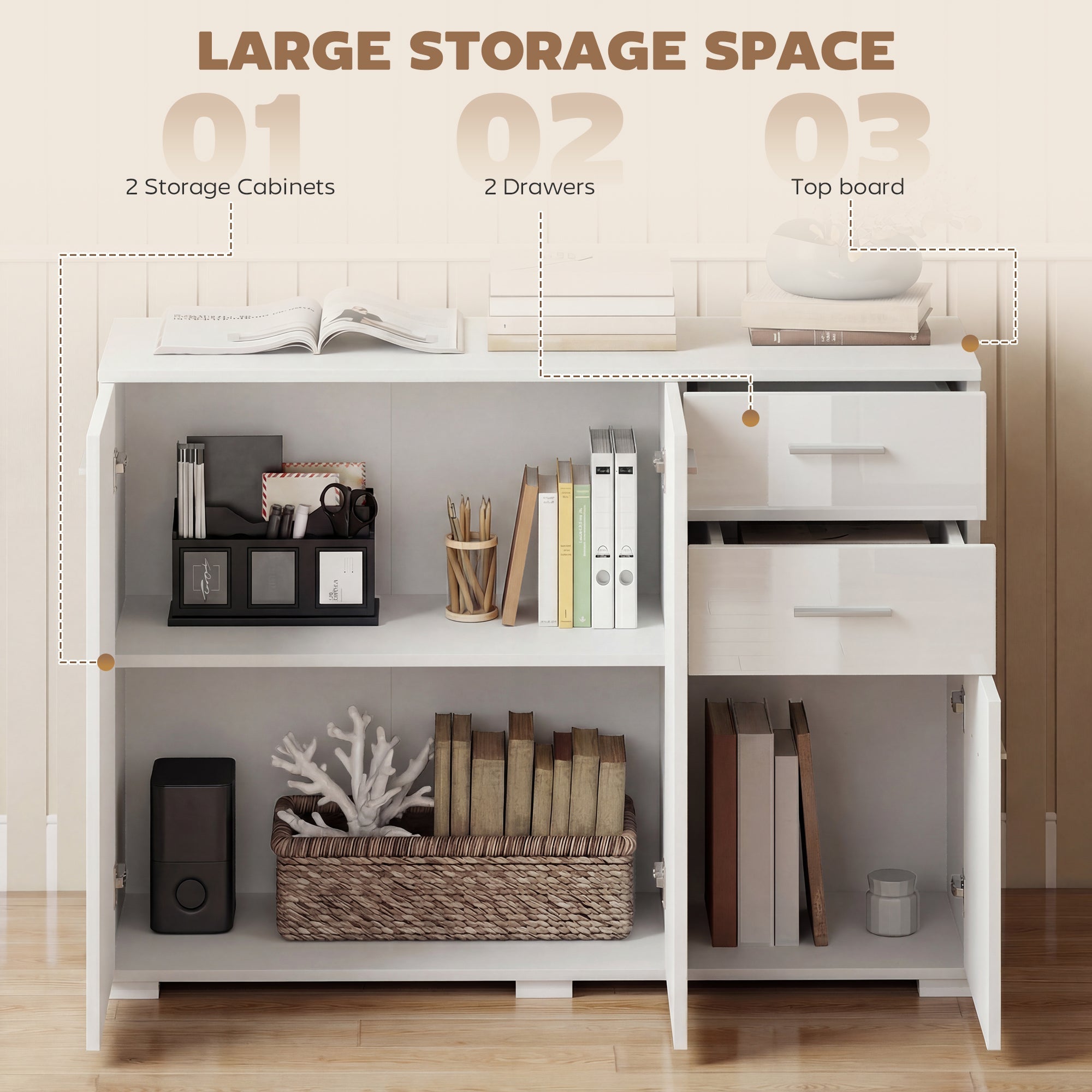HOMCOM Sideboard, Modern Storage Cabinet with 2 Drawers, 3 Doors and Adjustable Shelves, High Gloss White