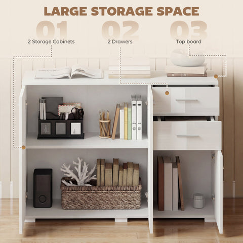 HOMCOM Sideboard, Modern Storage Cabinet with 2 Drawers, 3 Doors and Adjustable Shelves, High Gloss White
