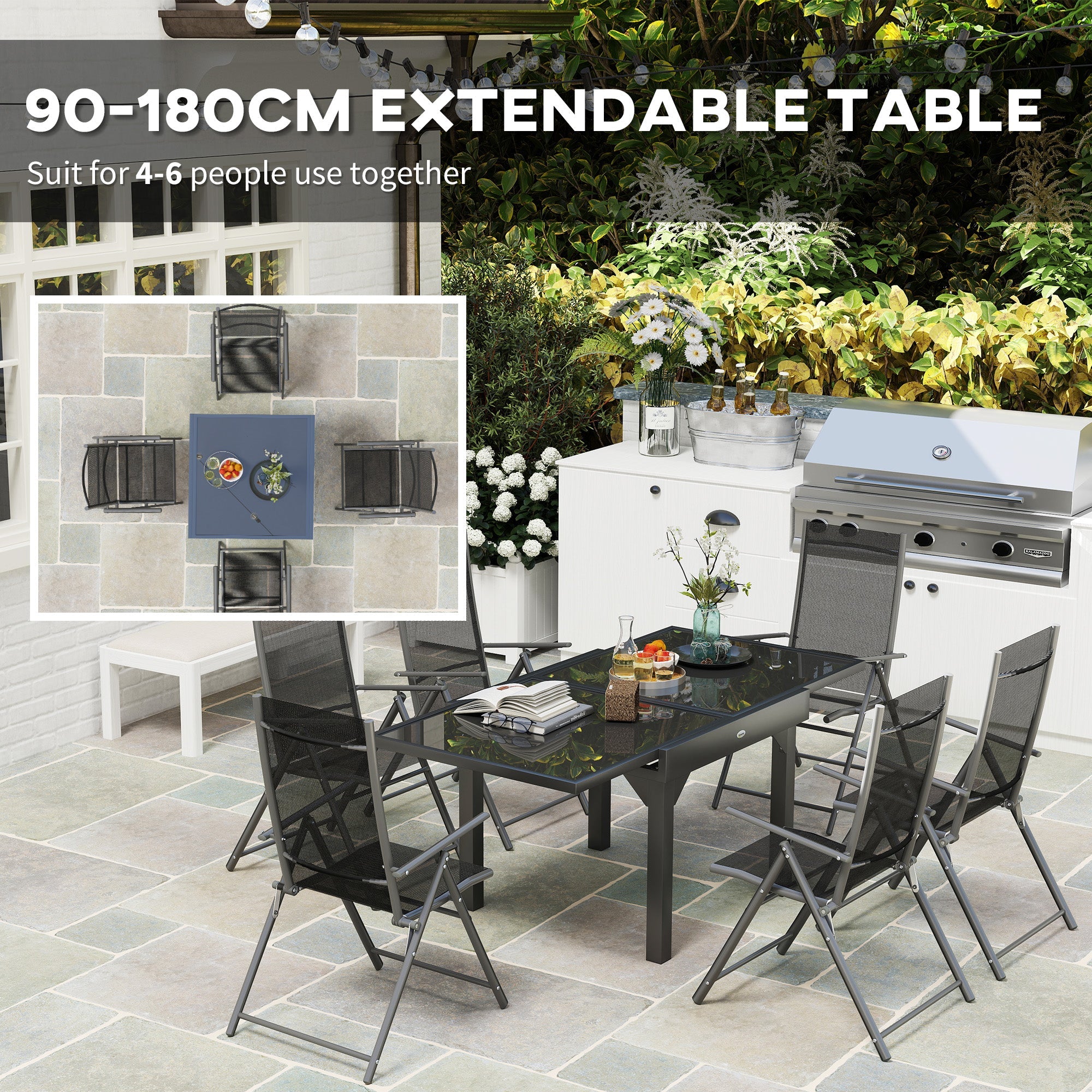Outsunny 7 Piece Outdoor Dining Set with Extendable Table and 6 Folding Chairs for Patio, Balcony, Deck, Grey
