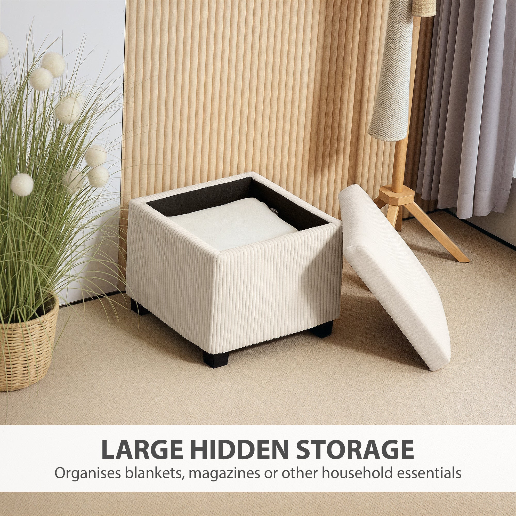 HOMCOM Storage Ottoman Bench, Corduroy Footstool with Removable Lid and Legs, 40cm Storage Chest Box for Living Room, Bedroom, Hallway, Beige