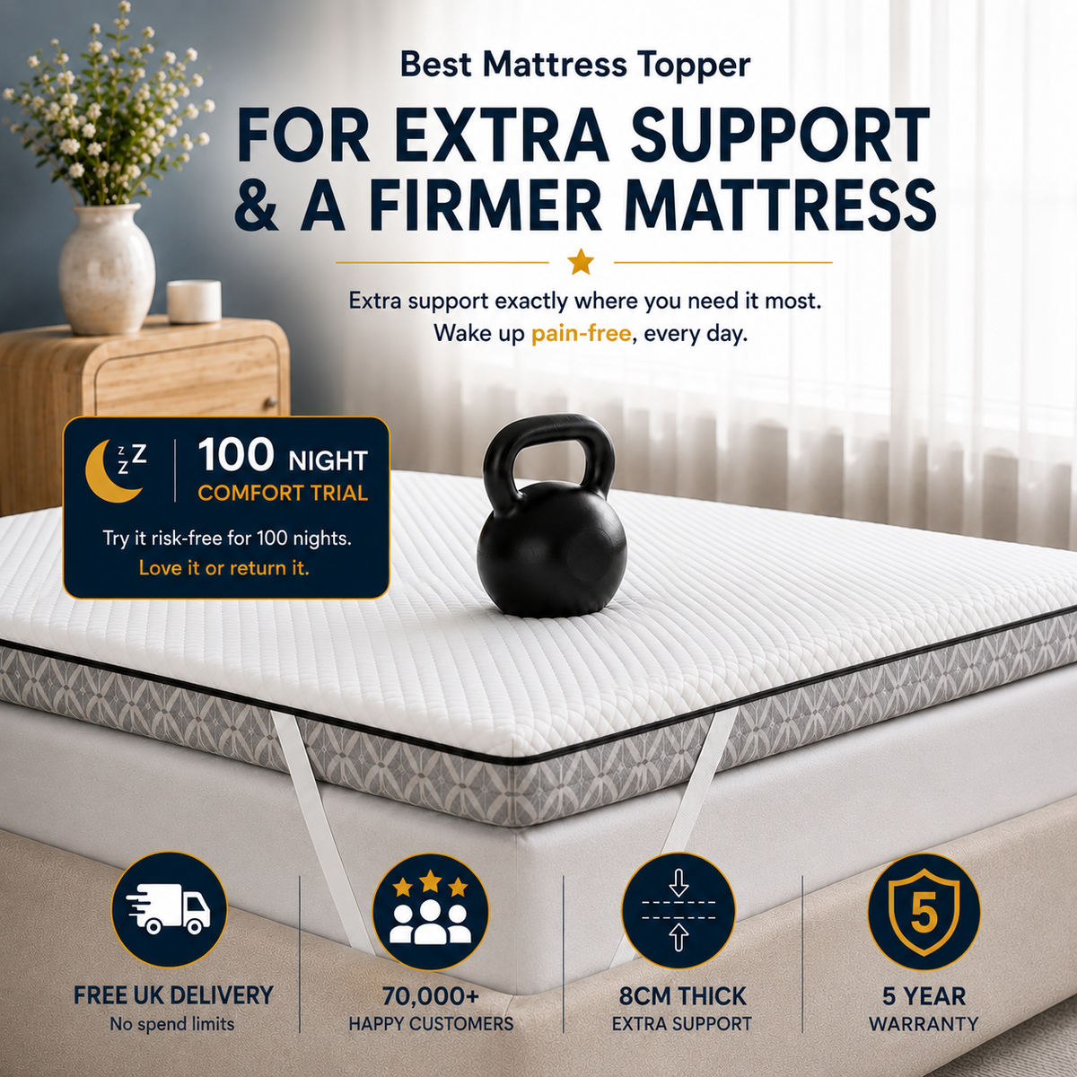 Brightr® Titan Deluxe Mattress Topper | Extra Firm & Firm| 8 cm Reversible | Designed for Soft & Sagging Mattresses