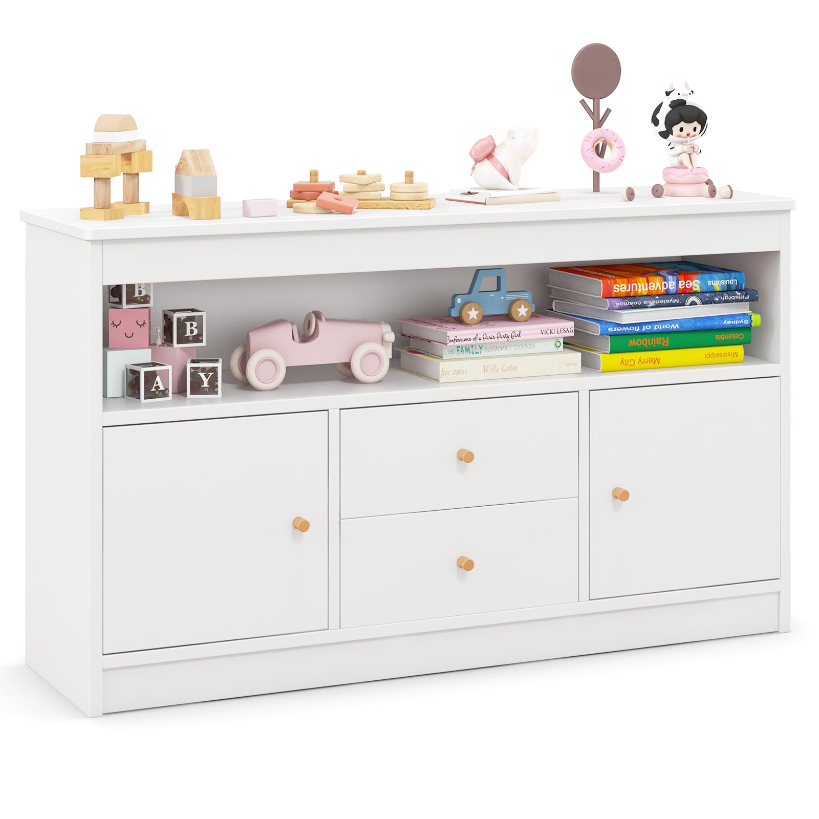 Wooden Kids Toy Children Bookshelf Storage Chest with Open Shelf-Natural
