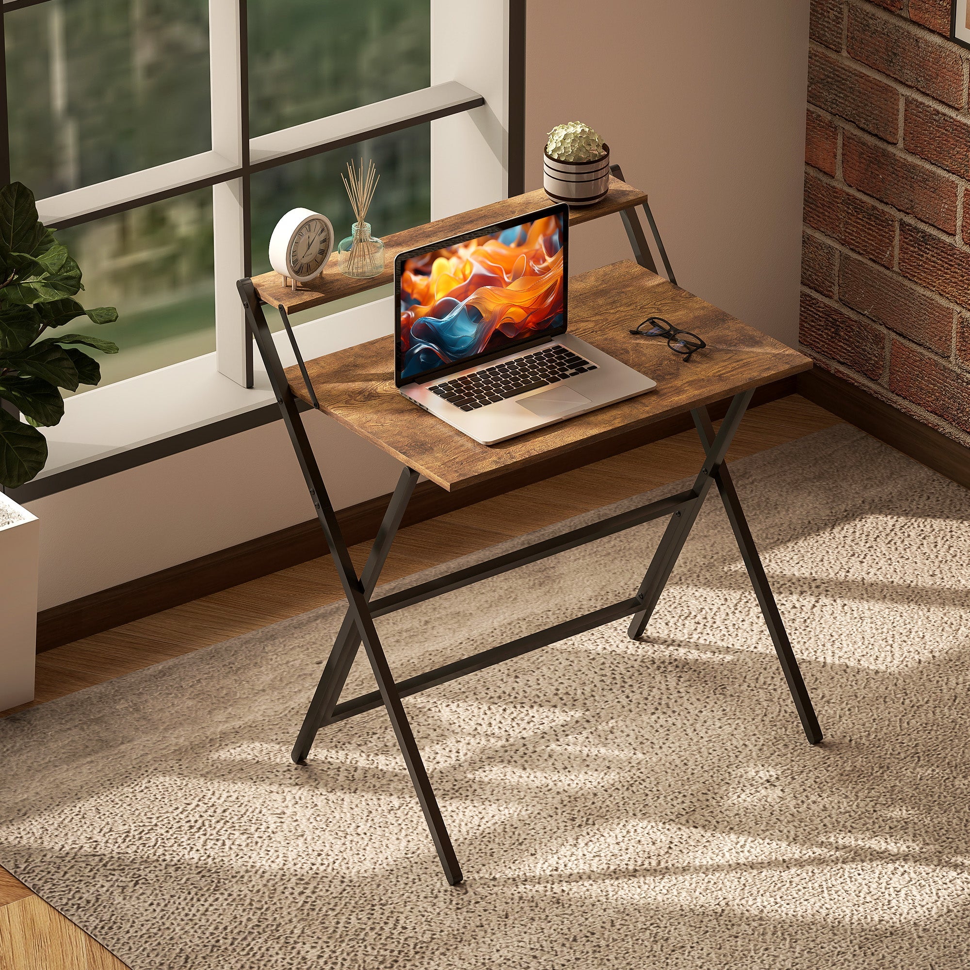 HOMCOM 81.5 cm Folding Computer Desk with Monitor Shelf - Rustic Brown