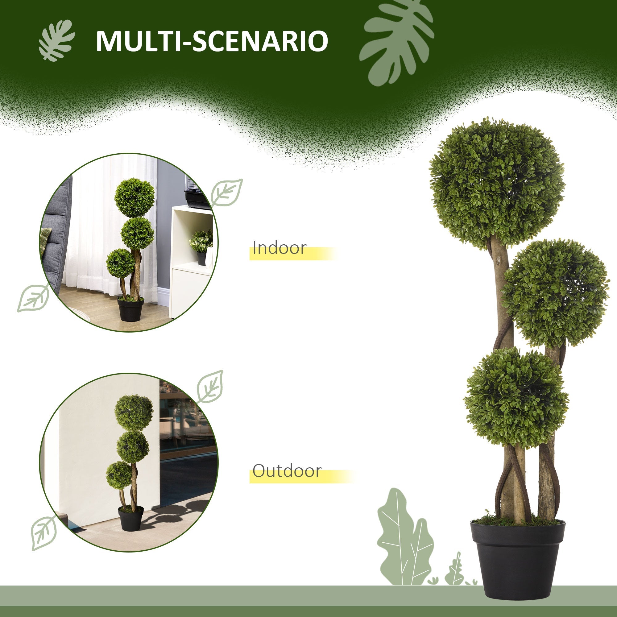 HOMCOM Set of 2 Decorative Artificial Plants, Boxwood Ball Topiary Trees in Pot Fake Plants for Home, Indoor&Outdoor Decor, 90 cm, Light Green