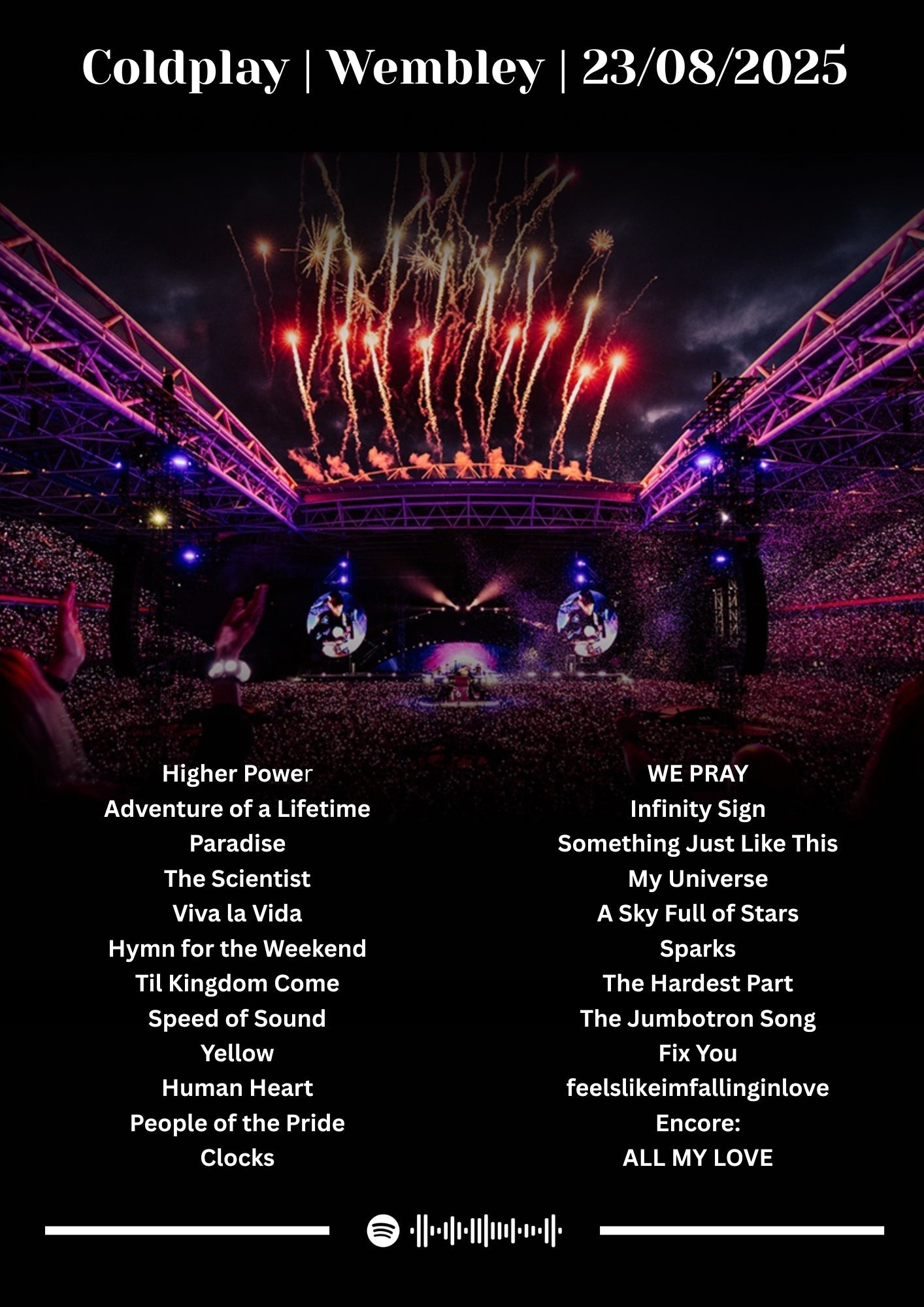 Coldplay Personalised Fireworks Setlist Poster - Coldplay Inspired Print