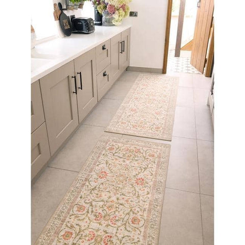 Eco-Washable Beige Rug Flowers Design