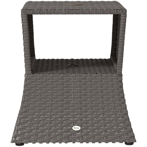 Outsunny Rattan Outdoor Coffee Table, Wicker Garden Patio Bistro Side Table with Umbrella Hole and Storage Space, Dark Grey