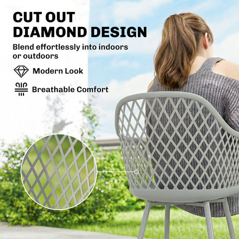 Outsunny Garden Chairs Set of 4, Garden Dining Chairs with Cut Out Diamond Back and Armrests for Patio, Balcony, Terrace, Grey