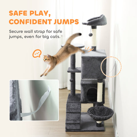 PawHut 160cm Large Cat Tree Tower with Sisal Scratching Posts, Condos, Plush Perches, Hammock, Ladder, Dark Grey