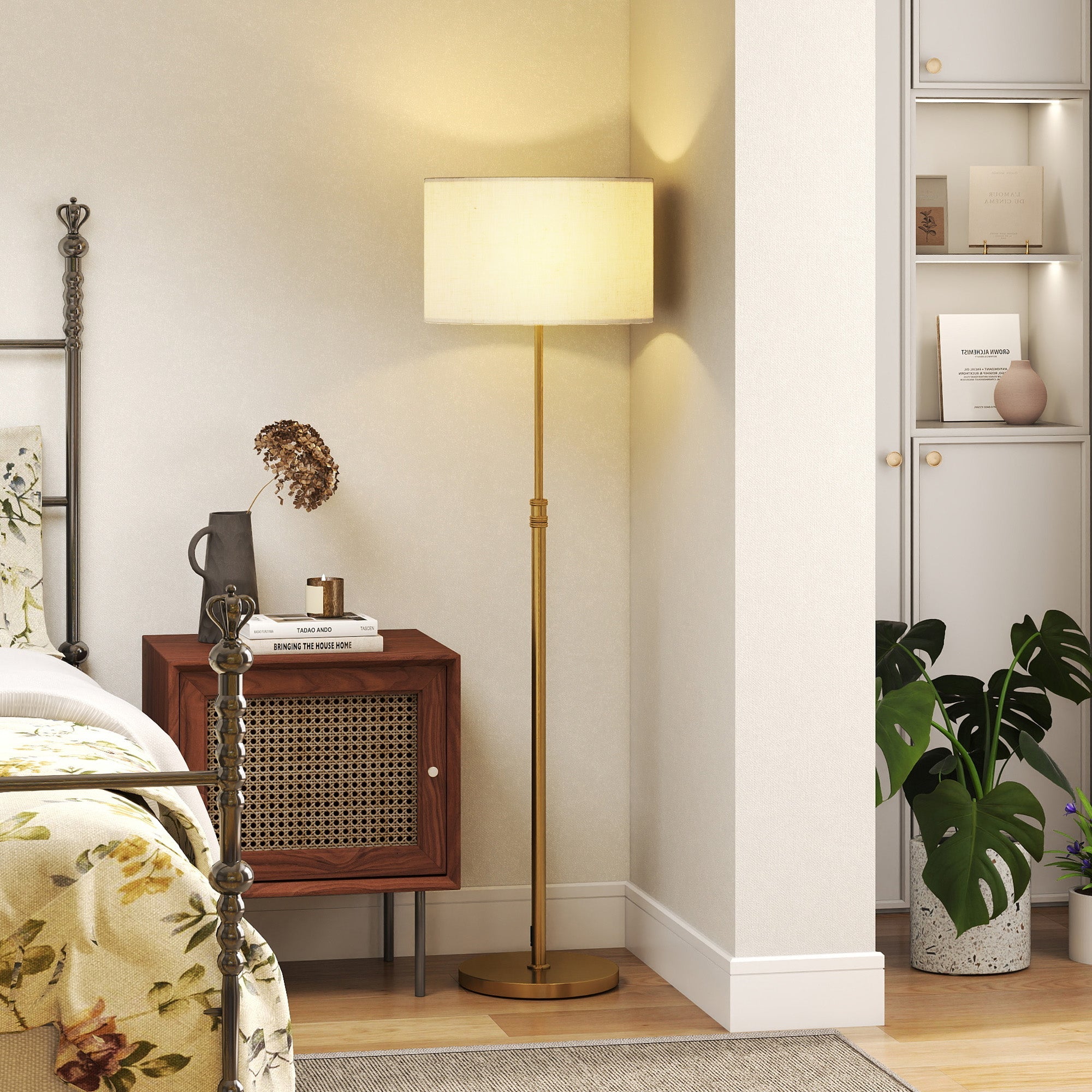 HOMCOM Floor Lamp with Remote, Height Adjustable Standing Lamp with Linen Shade, Dimmable with 3000K-6000K Adjustable Colour Temperatures, Foot Switch for Living Room Bedroom Office, Gold Tone