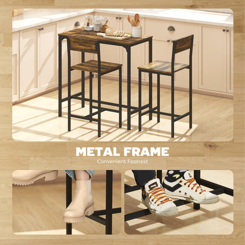 HOMCOM 3-Piece Bar Table Set with 2 Stools, Industrial Breakfast Bar Set with Footrest, Backrest for Dining Room, Small Space