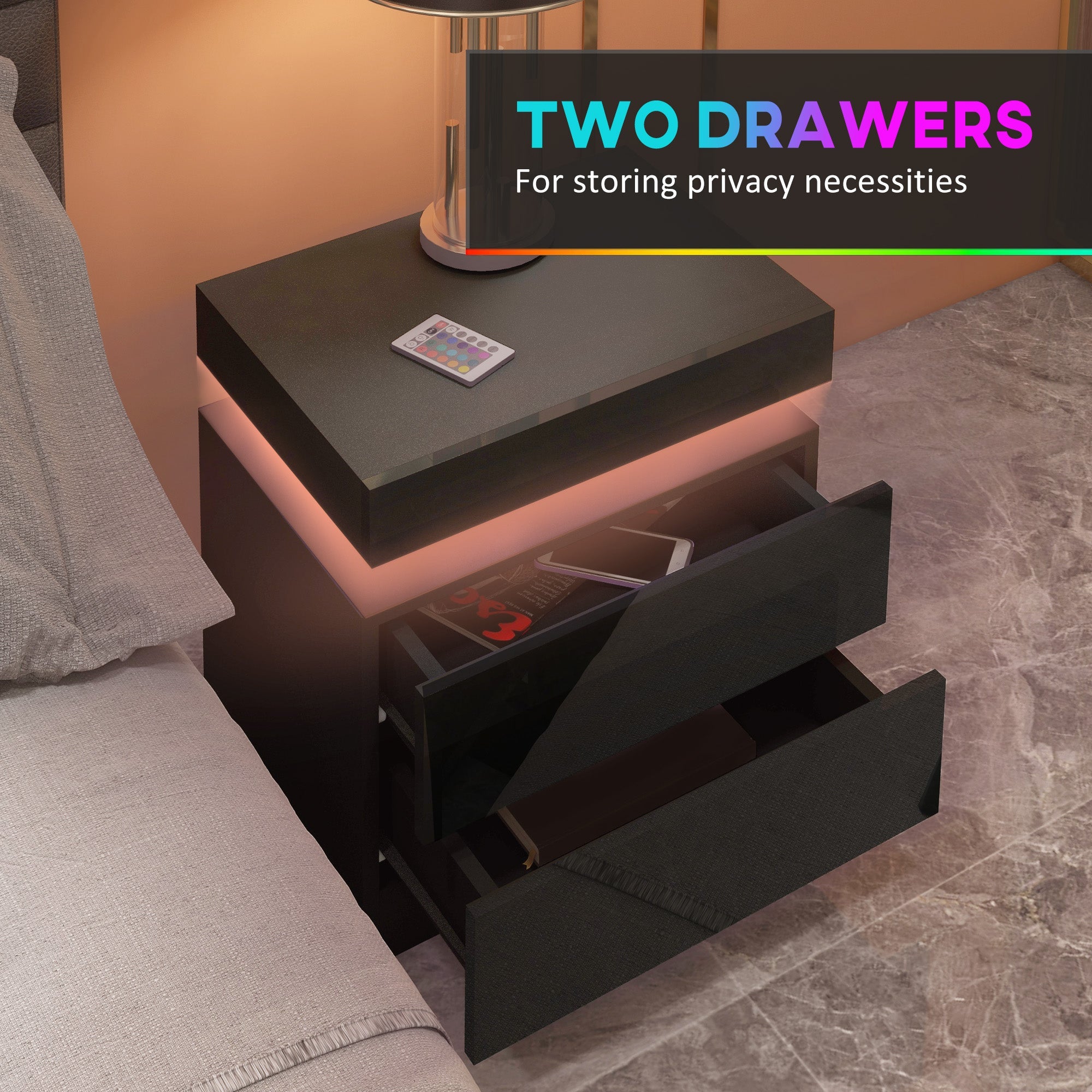 HOMCOM Black Bedside Table with LED Light, High Gloss Front Nightstand with 2 Drawers, for Living Room, Bedroom