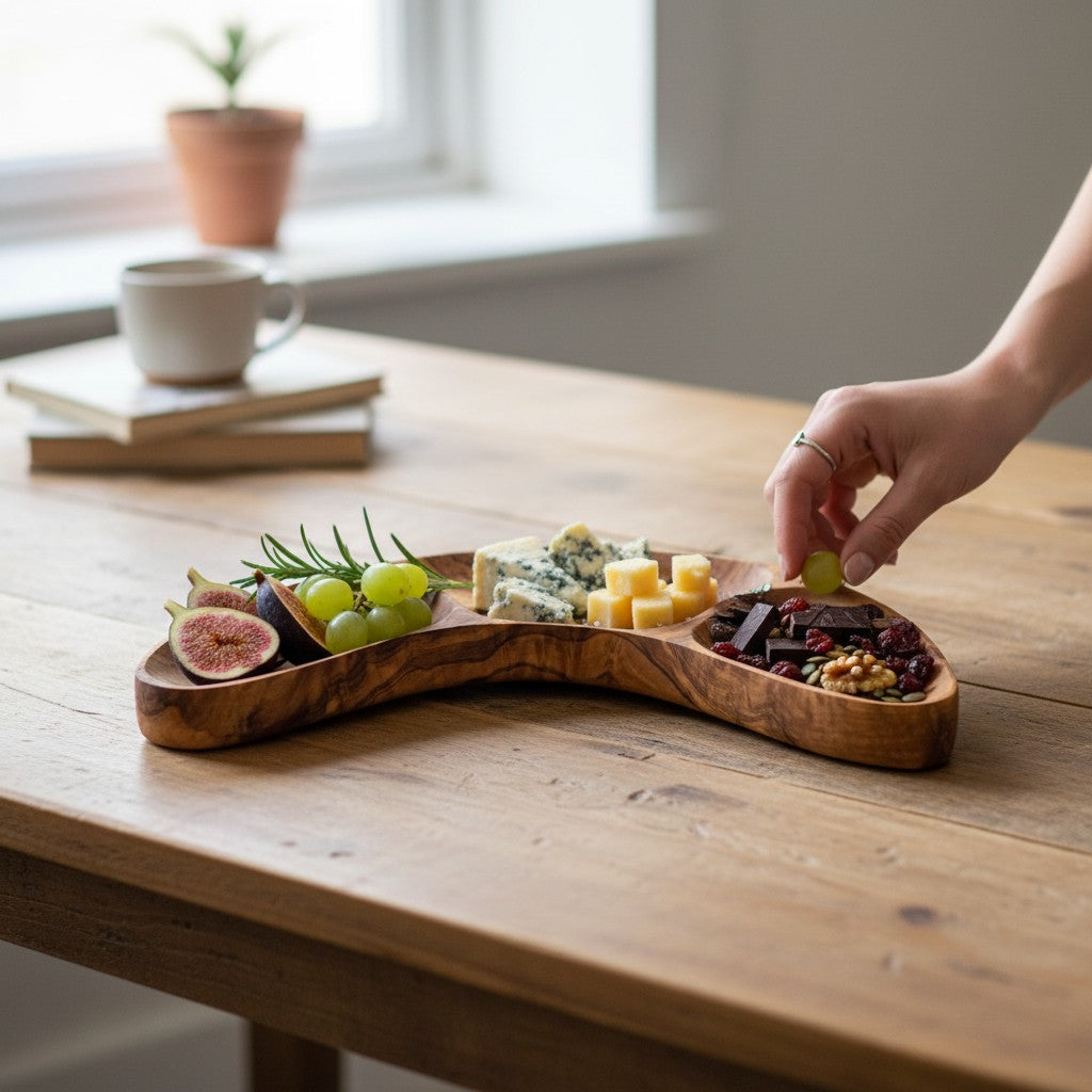 Olive Wood 3-Section Serving Bowl | Wooden Charcuterie Platter & Snack Dish 30cm